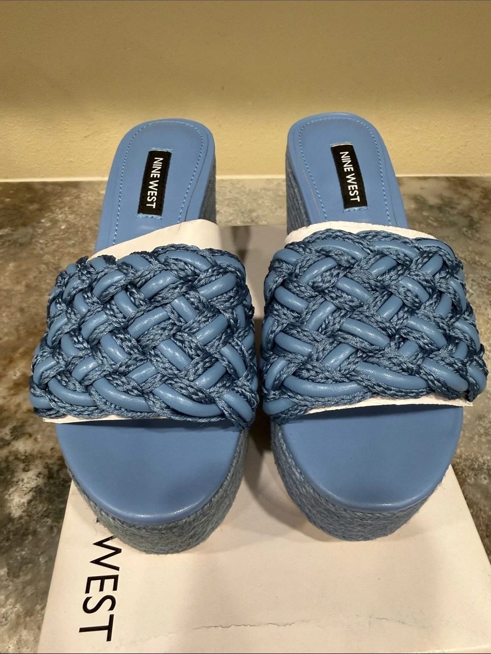 Nine West Blue Braided Platform Slide Sandals